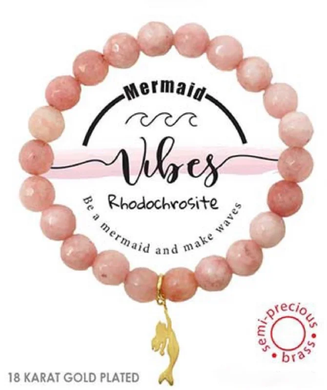 Mermaid Charm Vibes Semi-Precious Rhodochrosite Stone Stretch Inspirational Bracelet