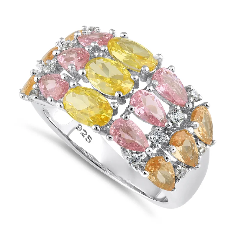 Sterling Silver 3-Row Colorful CZ Ring