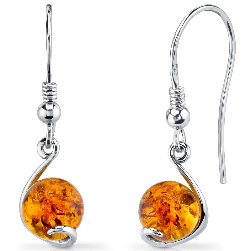 Baltic Amber Spherical Fishhook Earrings in Sterling Silver