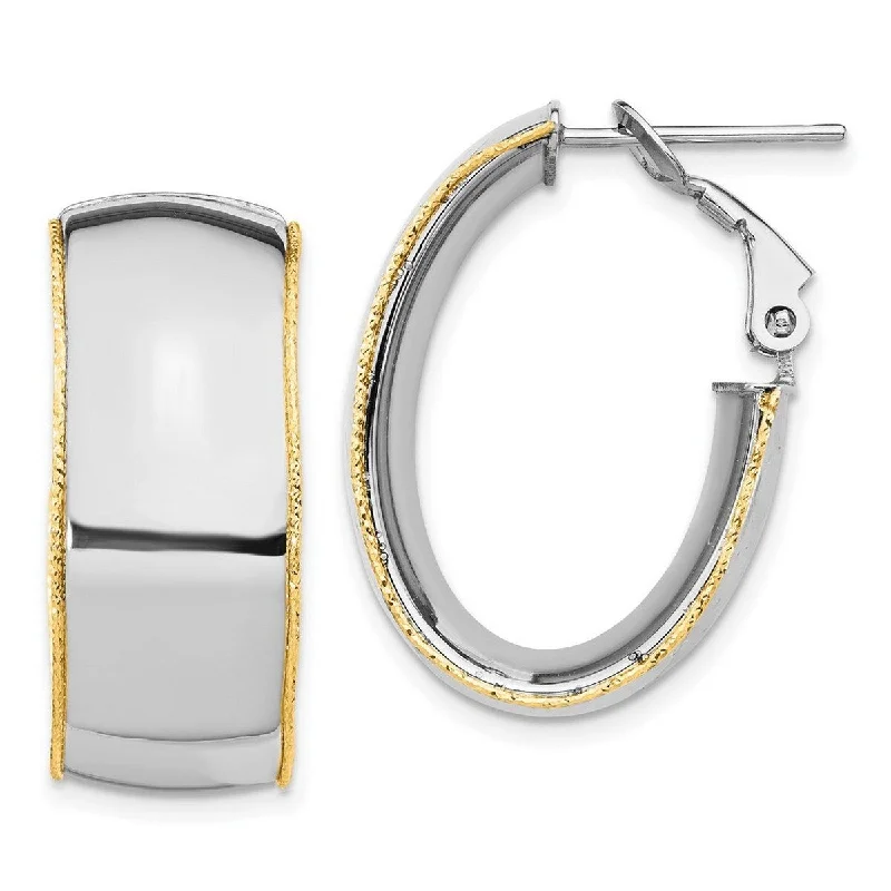 Curata 14k White Gold 9.5mm Polished With Yg Sparkle Cut Wire Accent Oval Hoop Earrings - 26.08x18