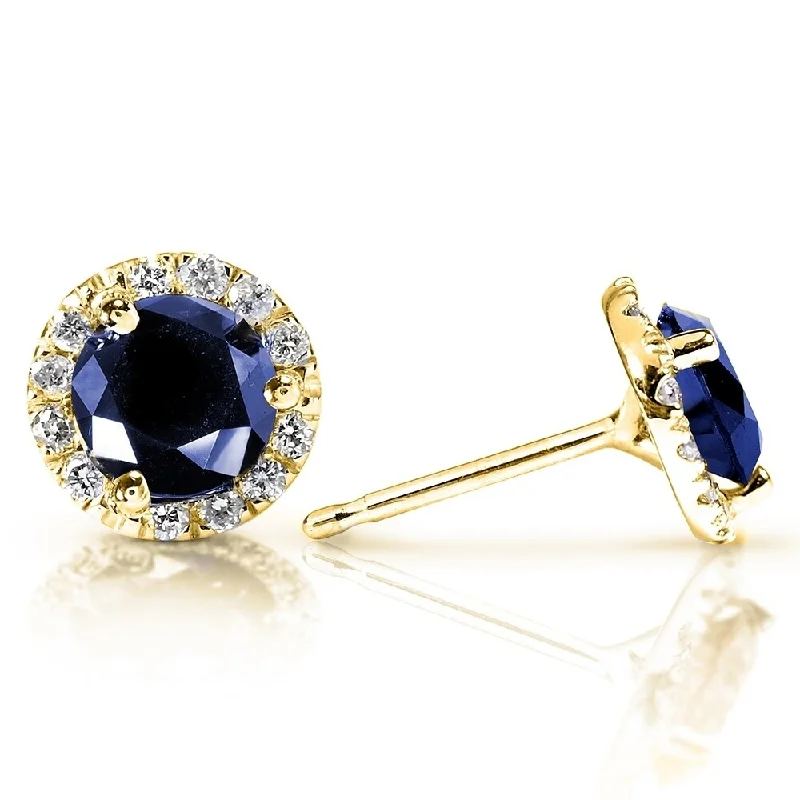 Annello by Kobelli Blue Sapphire and Diamond Halo Stud Earrings 1 1/2 Carat TW 14k Yellow Gold