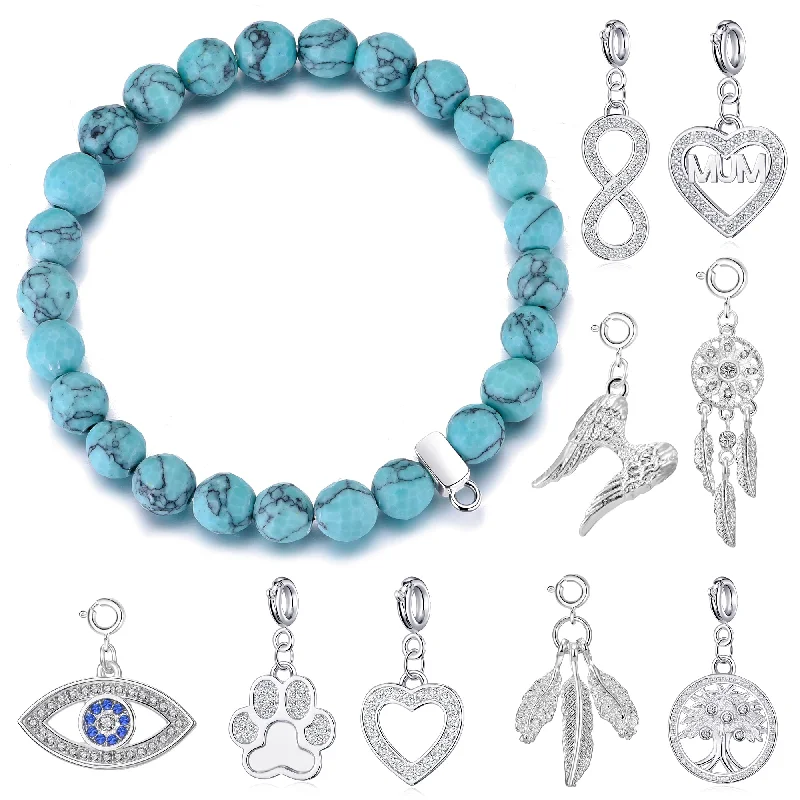 Faceted Synthetic Turquoise Gemstone Stretch Bracelet with Charm Created with Zircondia® Crystals