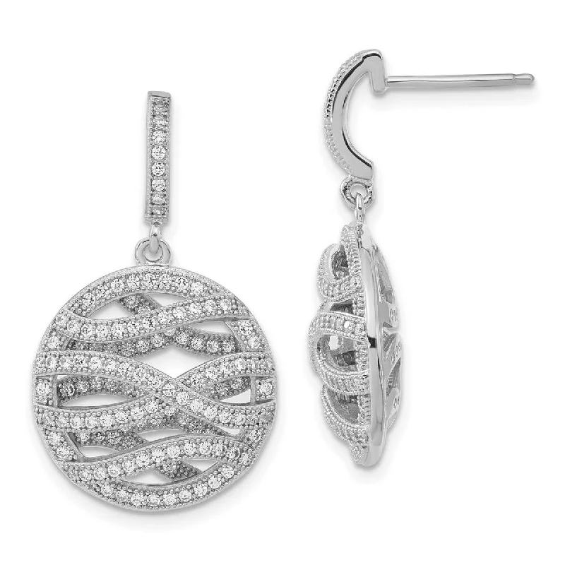 Curata 925 Sterling Silver 28x19mm Pave CZ Cubic Zirconia Polished Round Dangle Post Earrings