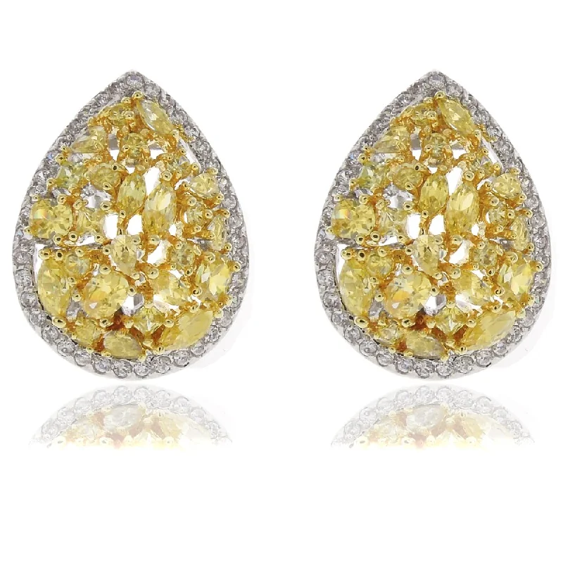 Dolce Giavonna Silver Overlay Yellow and White Cubic Zirconia Teardrop Stud Earrings