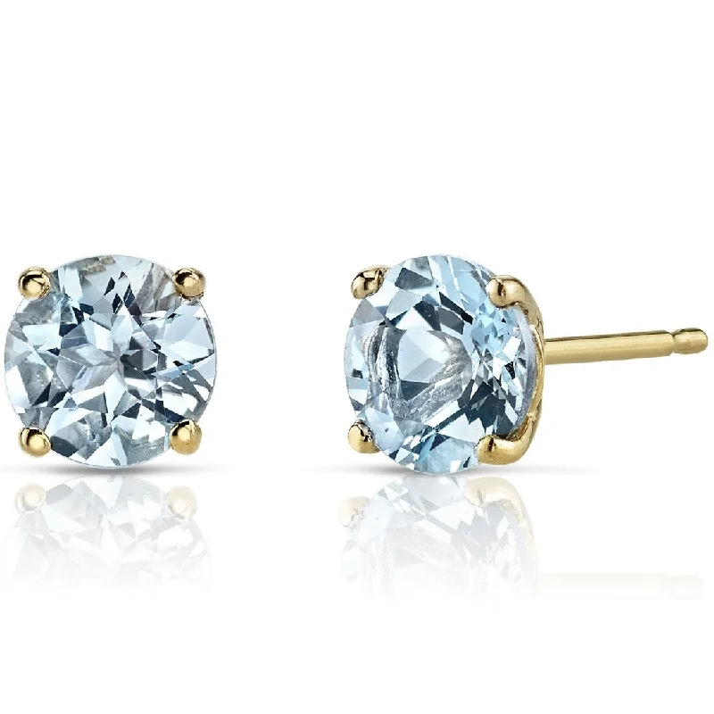 14k Yellow Gold Aquamarine Stud Earrings 1.37 ct Round Shape