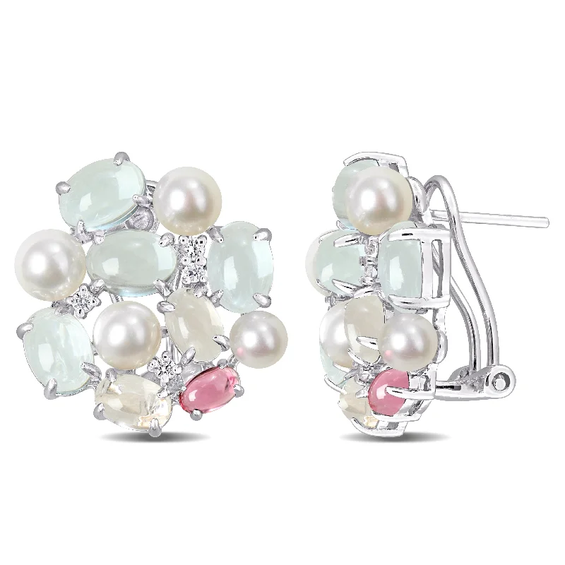 Miadora 9ct TGW Aquamarine Morganite Pink Tourmaline White Sapphire Freshwater Cultured Pearl Earrings Sterling Silver