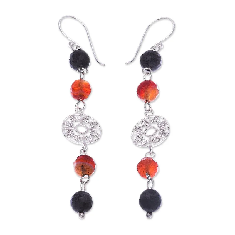 Novica Handmade Filigree Day Carnelian And Onyx Dangle Earrings