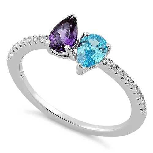 Sterling Silver Double Tear Drop Blue Topaz Amethyst CZ Ring