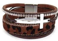 Leather Magnetic Bracelet Brown with Cross