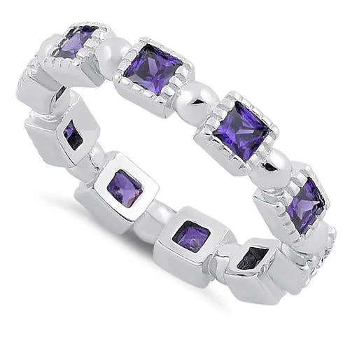 Sterling Silver Princess Cut Amethyst Eternity CZ Ring