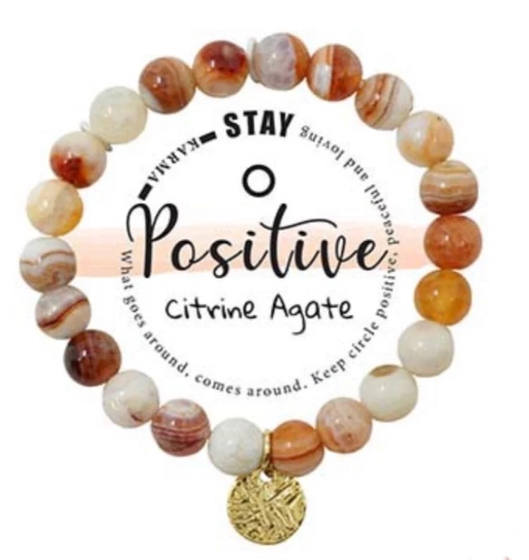 Stay Positive Round Charm Semi-Precious Citrine Agate Stone Stretch Inspirational Bracelet