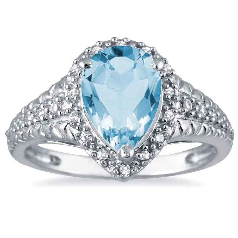 2 Carat Pear Shaped Blue Topaz and Diamond Ring in 10K White Gold