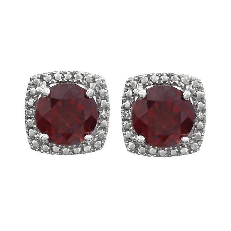 Curata 925 Sterling Silver Round 6mm Garnet Pand .015 Dwt Diamond Halo Earrings