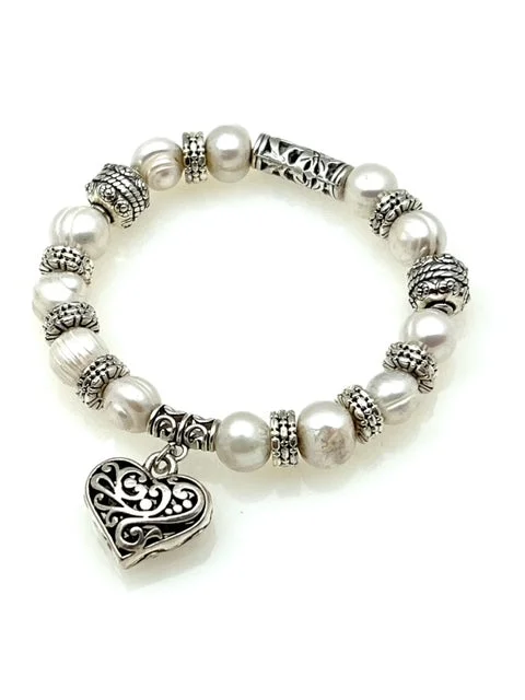 Silver and Freshwater Pearl Stretch Bracelet with Heart pendant