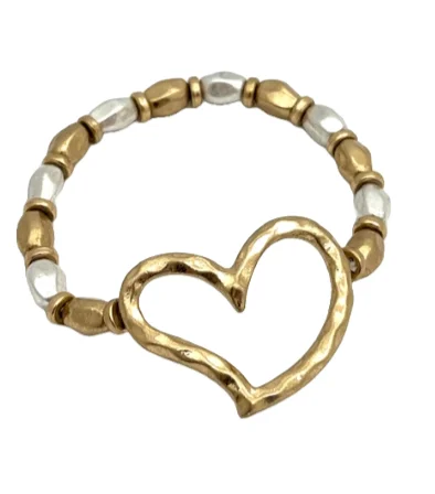 Two Tone Stretch Bracelet with Hammered Bead and Gold Heart Pendant