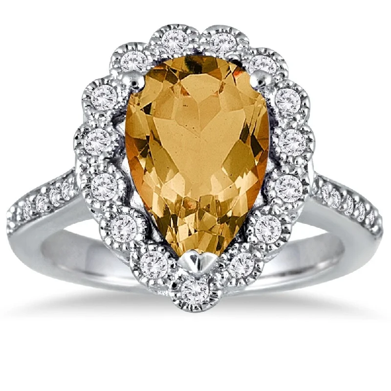 5 Carat Pear Shape Citrine and Diamond Ring in 14K White Gold