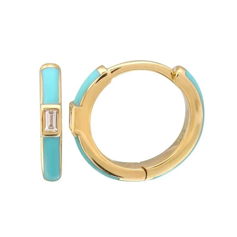 Joelle Diamond & Turquoise Enamel Huggie Hoop Earrings 14K Yellow Gold