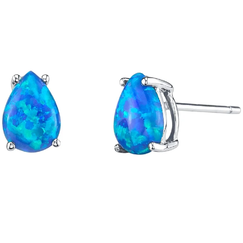 14k White Gold Blue Opal Stud Earrings 1 ct Pear Shape