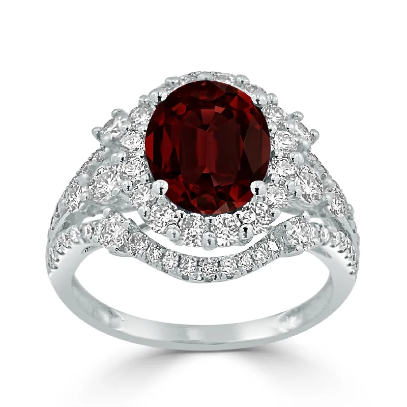 Auriya Vintage 2 7/8ct Oval Red Garnet and Halo Diamond Ring 1 1/5ctw 18K Gold