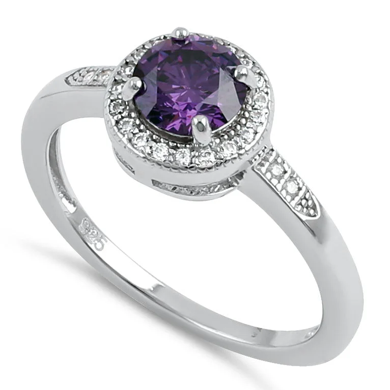 Sterling Silver Elegant Round Halo Amethyst CZ Ring