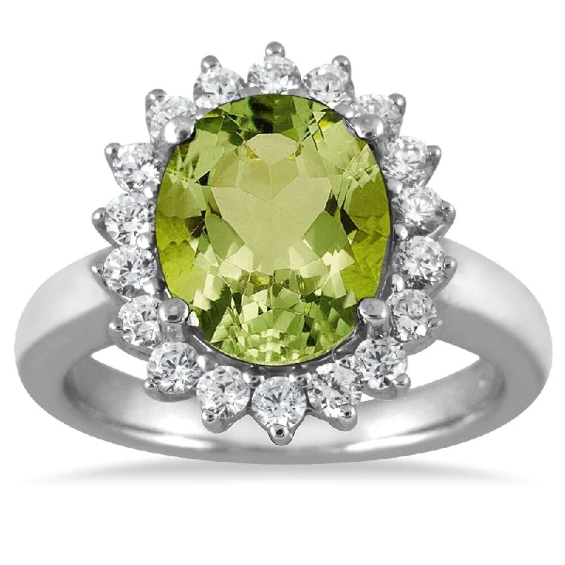 4 Carat Peridot and Diamond Ring in 14K White Gold