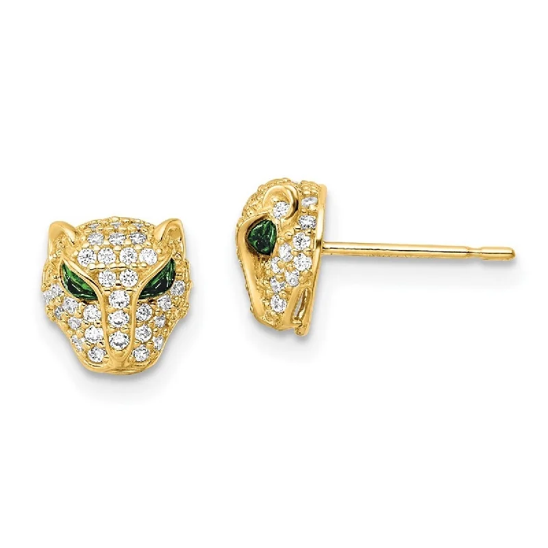 Curata 14k Gold Polished Green and White CZ Cubic Zirconia Lioness Head Post Earrings - 7.6x7.34mm Wi