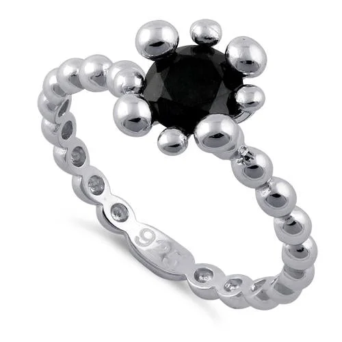 Sterling Silver Beaded  Black Round CZ Ring