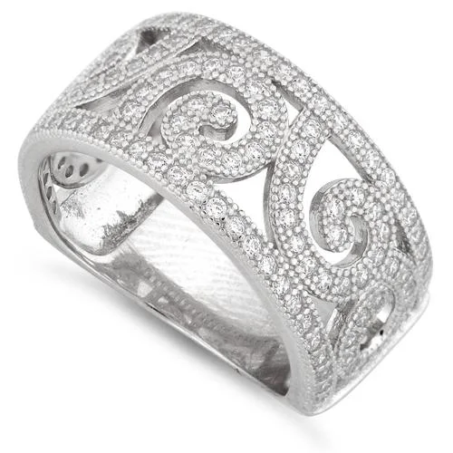 Sterling Silver Swirl Design Pave CZ Ring