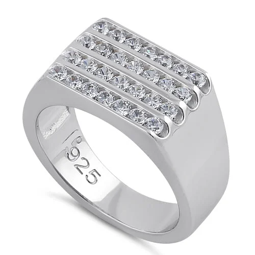 Sterling Silver 4 Row CZ Men's Ring