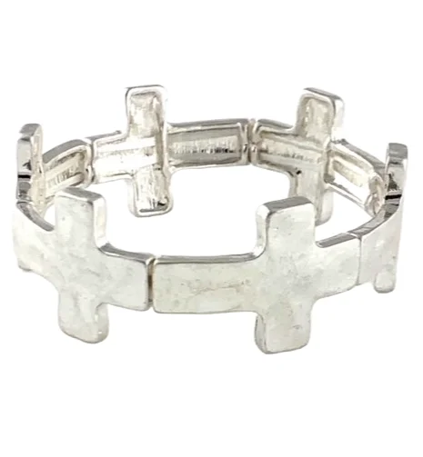 Silver Hammered Stretch Bracelet Cross