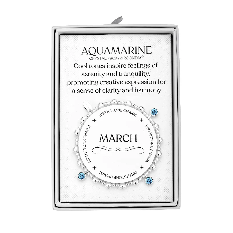 March (Aquamarine) Birthstone Stretch Charm Bracelet with Quote Gift Box