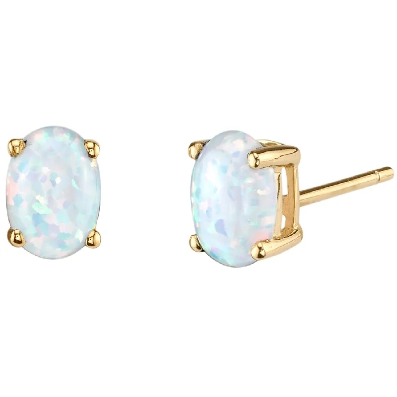 14k Yellow Gold White Opal Stud Earrings 1 ct Oval Shape