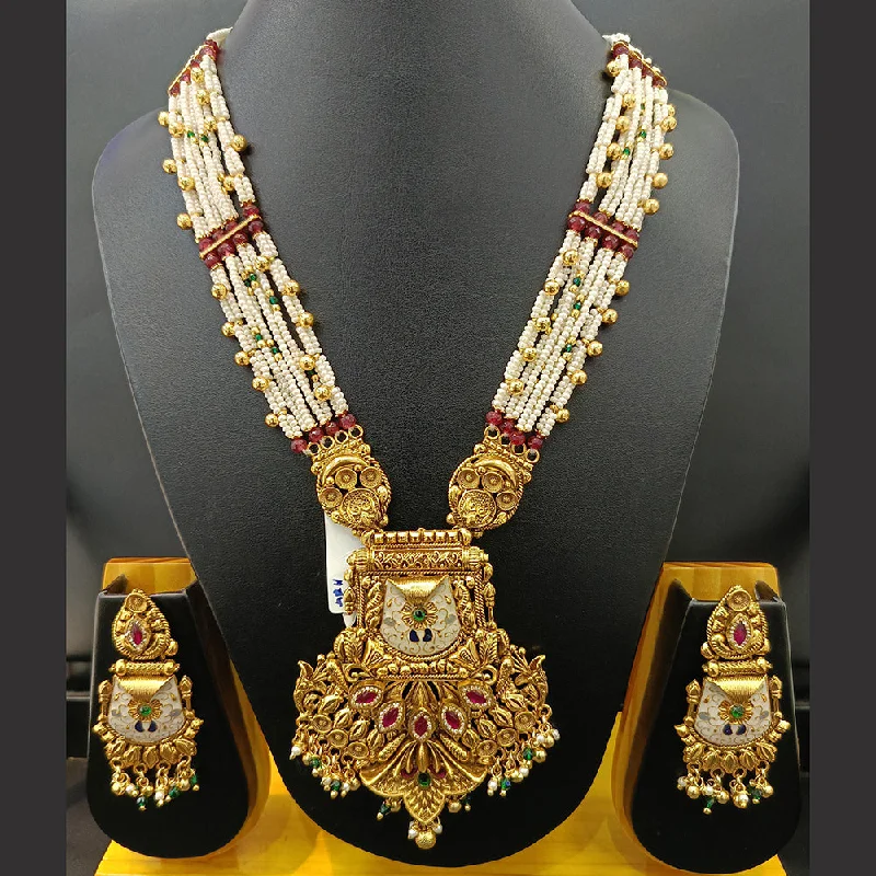 Jain Jewellers Gold Plated Kundan Stone And Pearl Meenakari Long Necklace Set