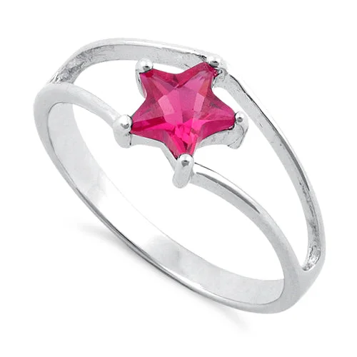 Sterling Silver Ruby Star Cut CZ Ring