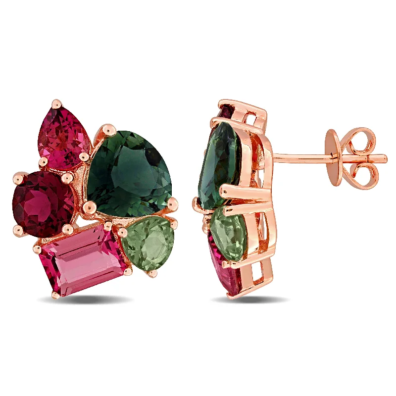 Miadora 8 5/8ct TGW Multi-Cut Green Tourmaline and Pink Tourmaline Earrings in 14k Rose Gold