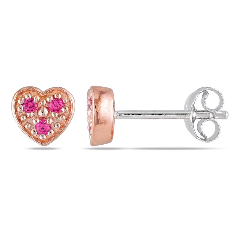 Miadora Sterling Silver Created Pink Sapphire Heart Stud Earrings