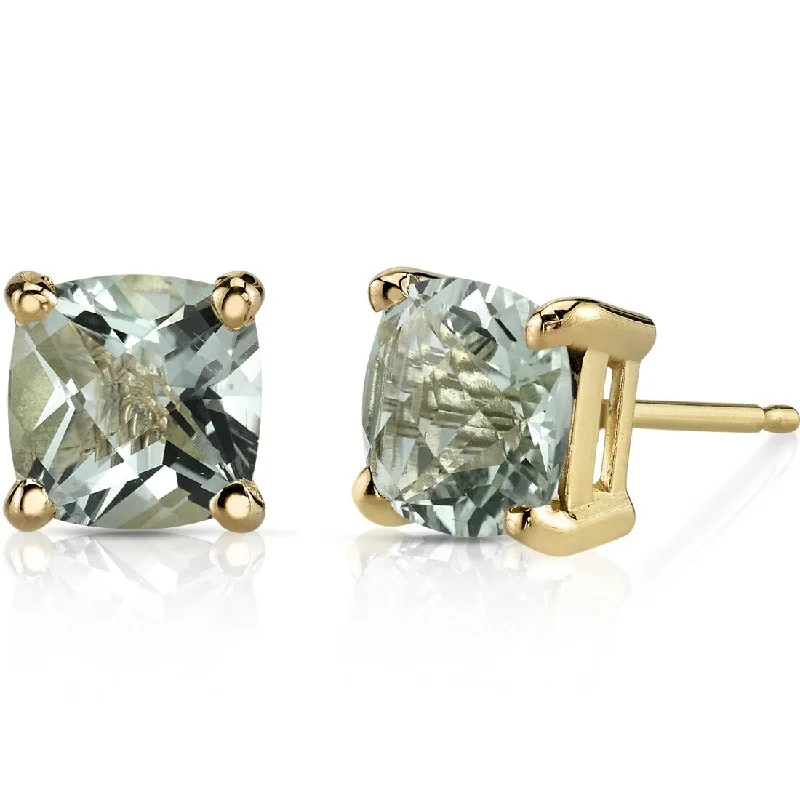 14k Yellow Gold Green Amethyst Stud Earrings 1.65 ct Cushion Shape