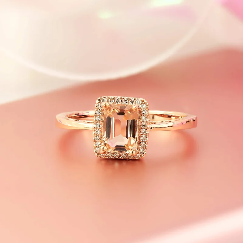 Auriya 9/10ct Emerald-Cut Morganite and 1/10ctw Halo Diamond Ring 10-karat Rose Gold