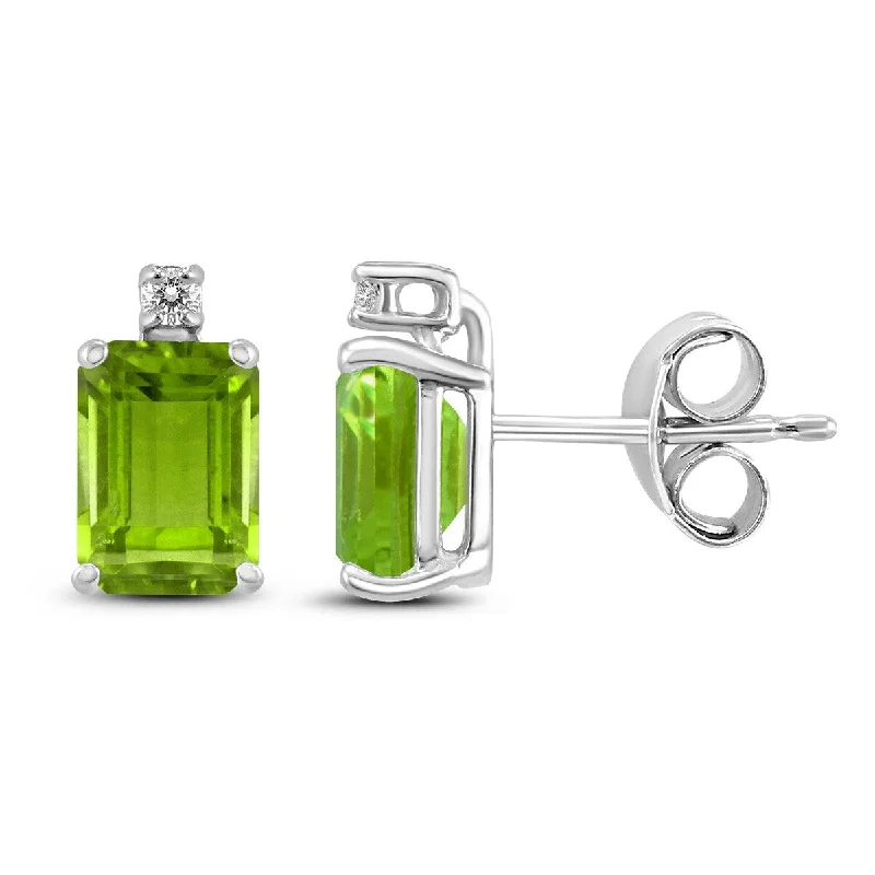 Marquee 14K White Gold 7x5MM Emerald Shaped Peridot and Diamond Earrings