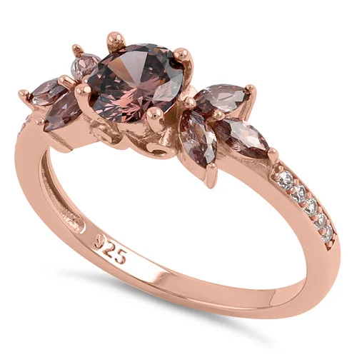 Sterling Silver Rose Gold Flower Leaves Brown CZ Ring