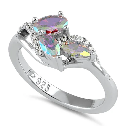 Sterling Silver Iridescent Rainbow Oval and Marquise CZ Ring