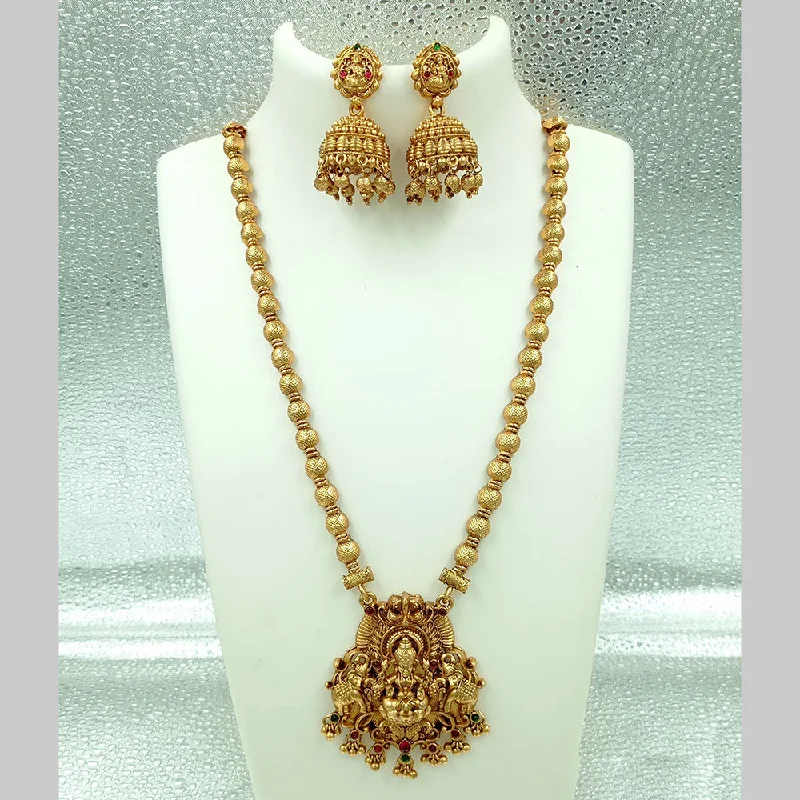 Joyful Jewel Art Matte Gold Plated Pota Stone Temple Long Necklace Set