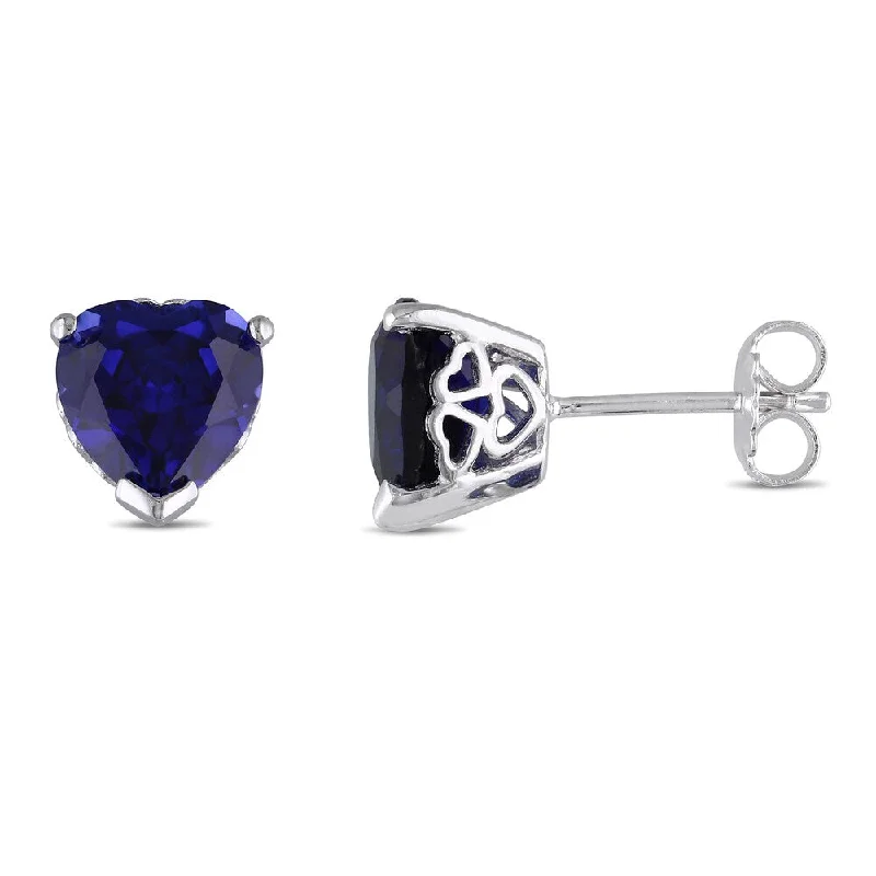 Miadora Sterling Silver Created Blue Sapphire Heart Stud Earrings