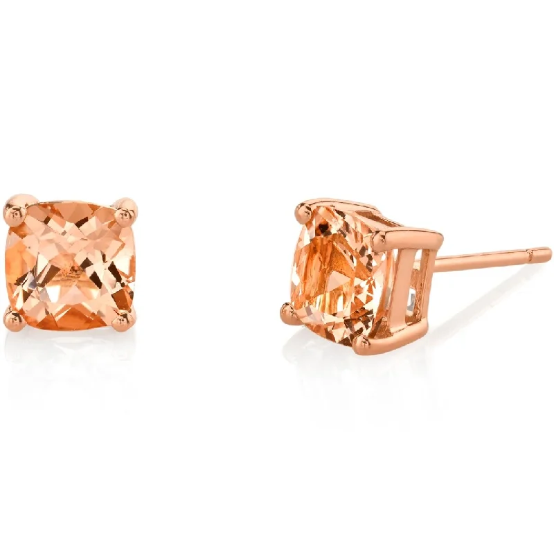 14k Rose Gold Morganite Stud Earrings 2 ct Cushion Shape