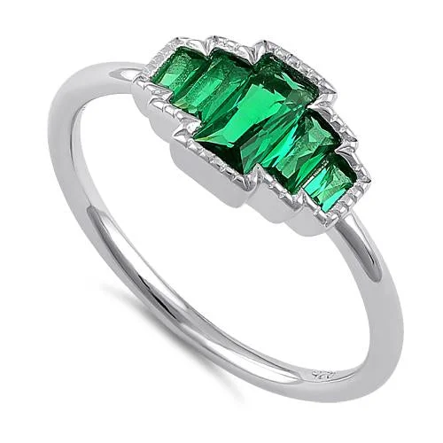 Sterling Silver Five Radiant Cut Emerald CZ Ring