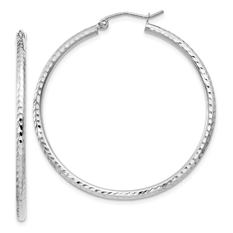 Curata 14k White Gold Rhodium-plated Diamond-cut 2x40mm Round Hoop Earrings