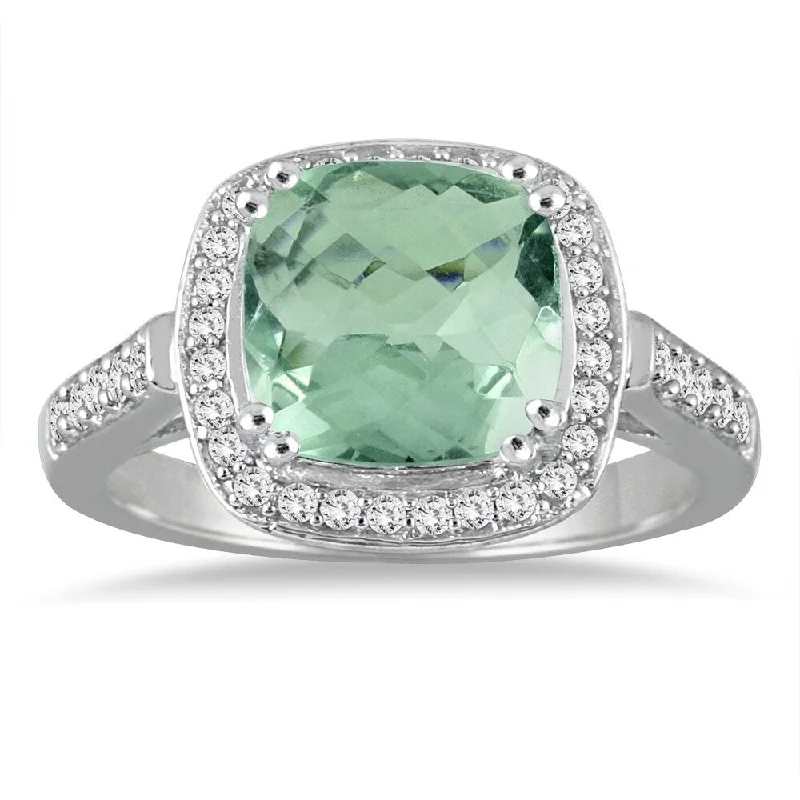 3 1/2 Carat Cushion Cut Green Amethyst and Diamond Ring in 14K White Gold