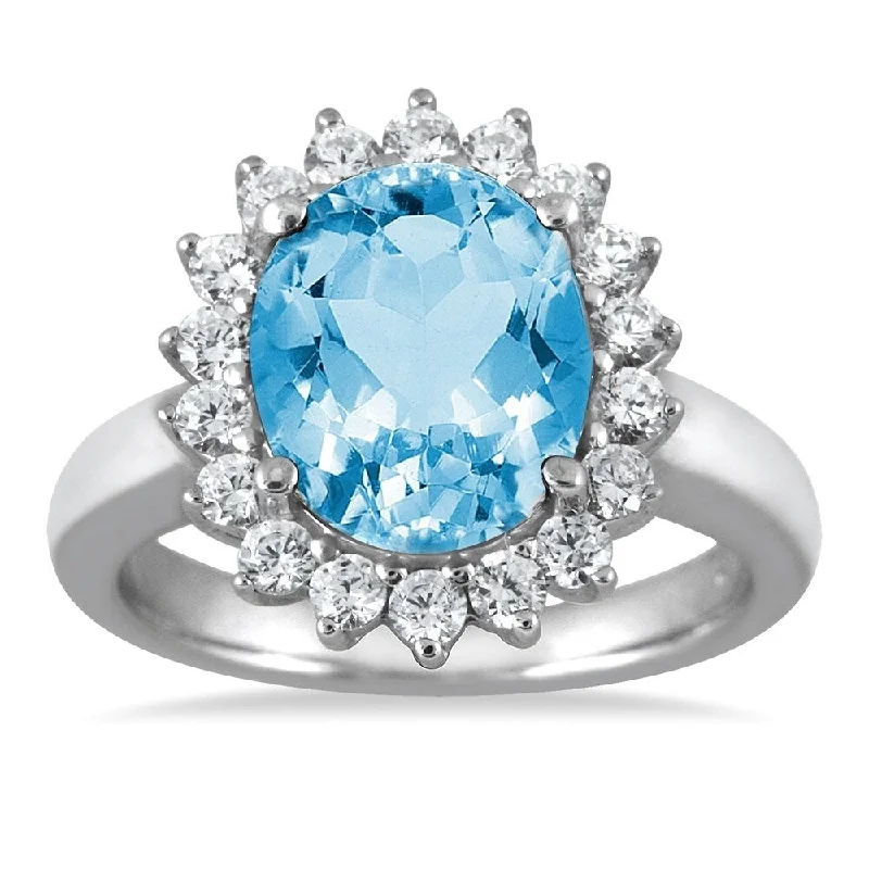 4 Carat Blue Topaz and Diamond Ring in 14K White Gold