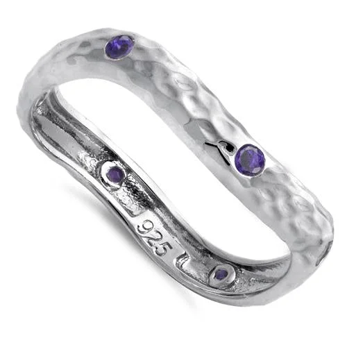 Sterling Silver Wavy Hammered Amethyst CZ Ring