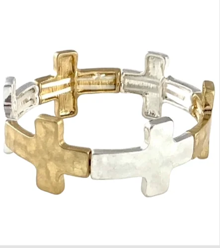 Two Tone Hammered Stretch Bracelet Cross